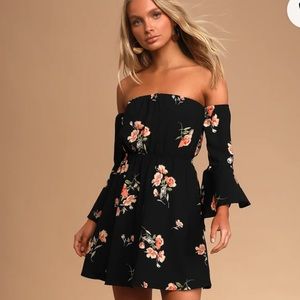 Lush Gardens Black Floral Print Off-The-Shoulder Mini Dress